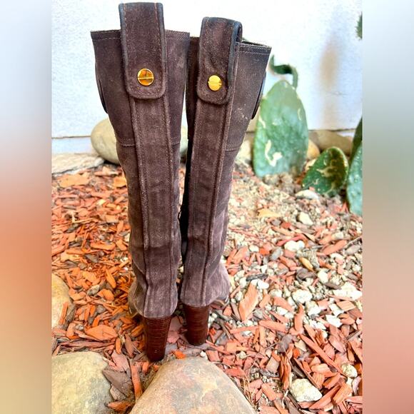 Tory Burch Y2K Brown Suede Leather Claudia Heeled Lug Sole Knee Boots Size 6 - Picture 2 of 10